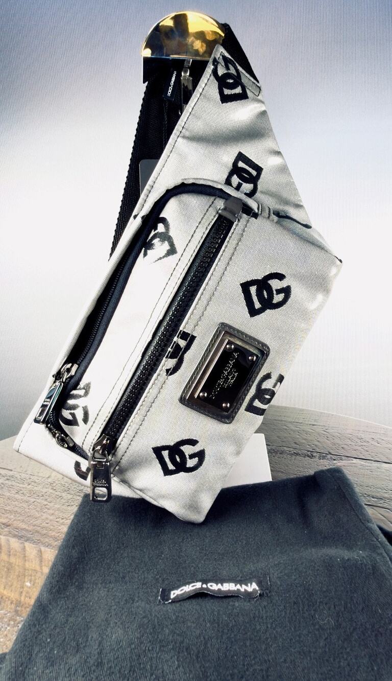 Dolce & Gabbana DG Logo Canvas Belt Bag Fanny Pack Silver Black Waist Sling NWO